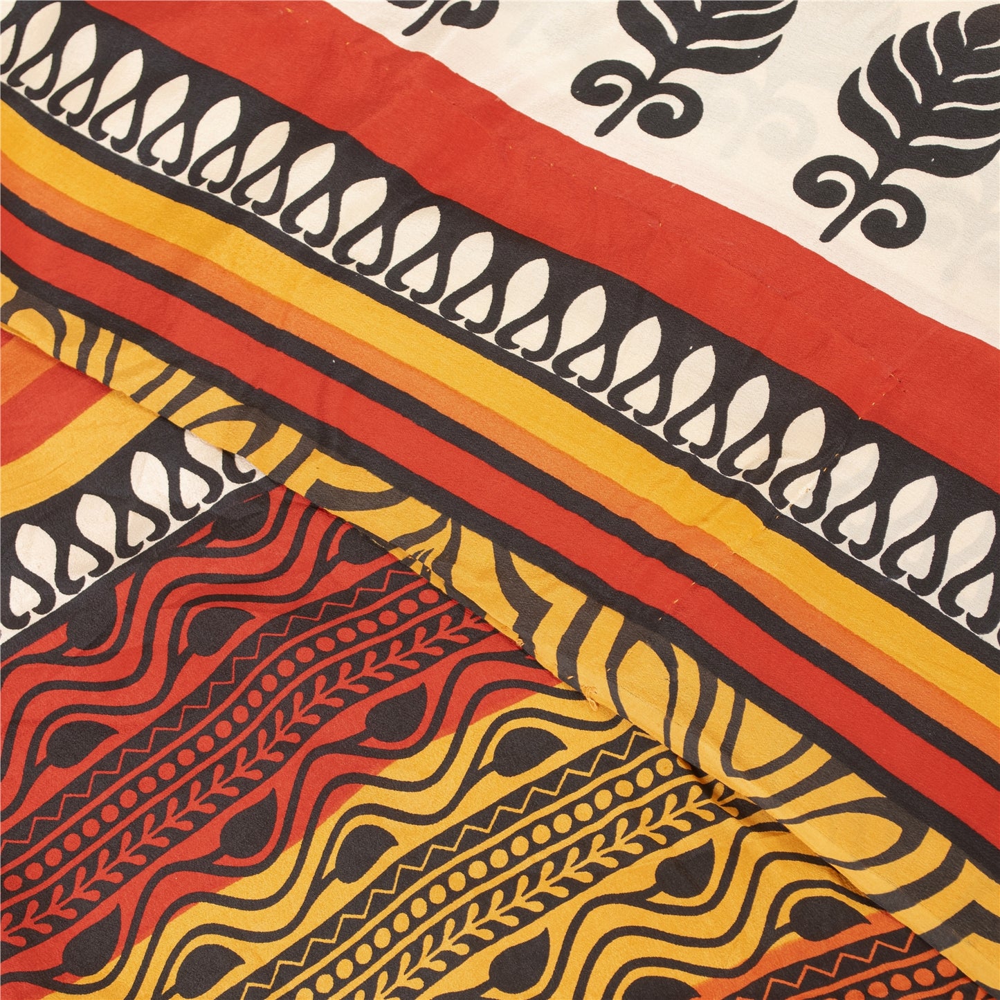 Sanskriti Vintage Sarees Yellow Pure Crepe Silk Printed Sari 5+yd Craft Fabric