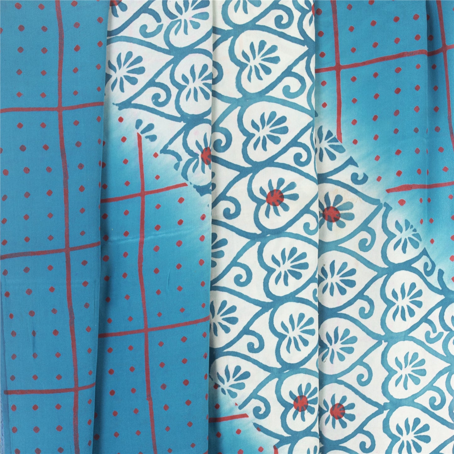 Sanskriti Vintage Sarees Blue & White Pure Crepe Printed Sari 5+yd Craft Fabric