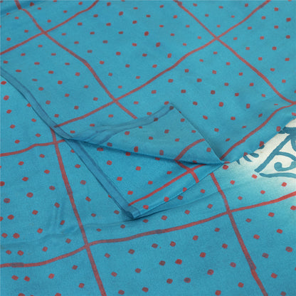 Sanskriti Vintage Sarees Blue & White Pure Crepe Printed Sari 5+yd Craft Fabric