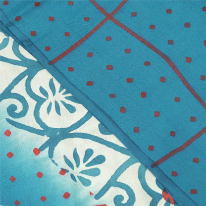 Sanskriti Vintage Sarees Blue & White Pure Crepe Printed Sari 5+yd Craft Fabric