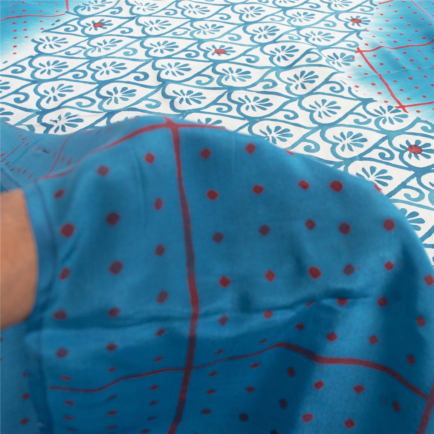 Sanskriti Vintage Sarees Blue & White Pure Crepe Printed Sari 5+yd Craft Fabric