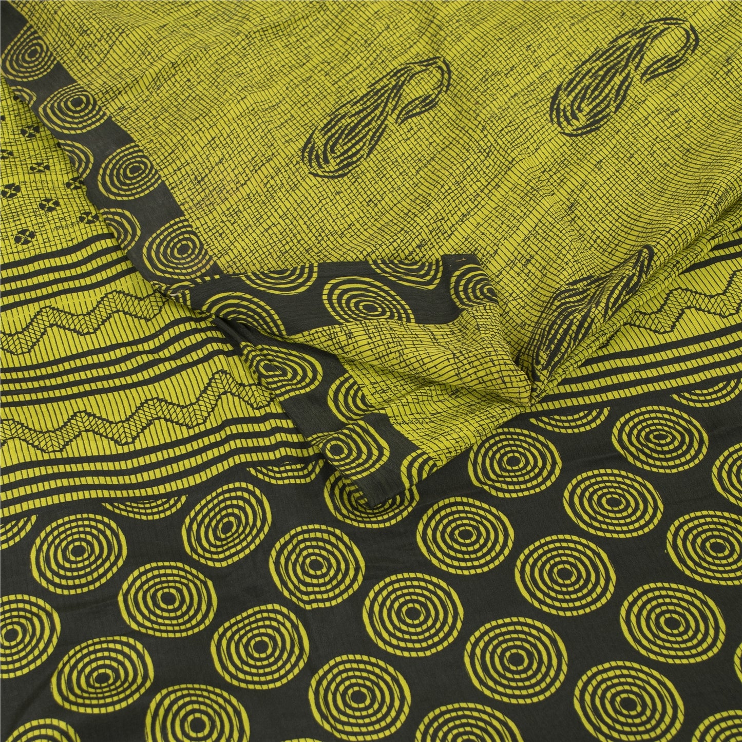 Sanskriti Vintage Sarees Green Pure Crepe Silk Printed Sari 5+yd Craft Fabric