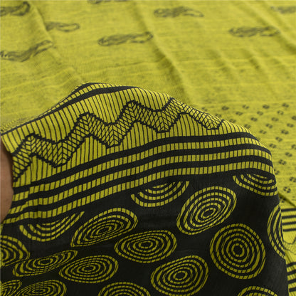 Sanskriti Vintage Sarees Green Pure Crepe Silk Printed Sari 5+yd Craft Fabric