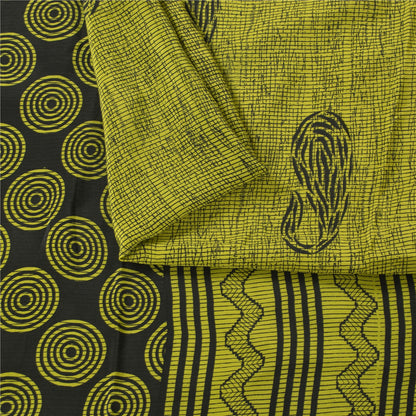 Sanskriti Vintage Sarees Green Pure Crepe Silk Printed Sari 5+yd Craft Fabric