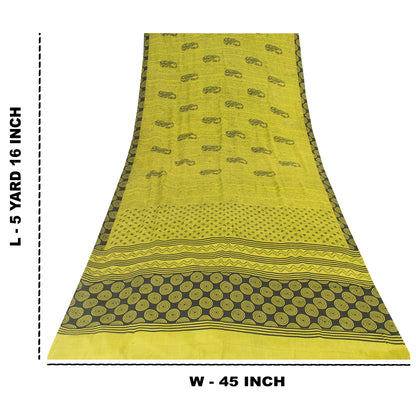 Sanskriti Vintage Sarees Green Pure Crepe Silk Printed Sari 5+yd Craft Fabric