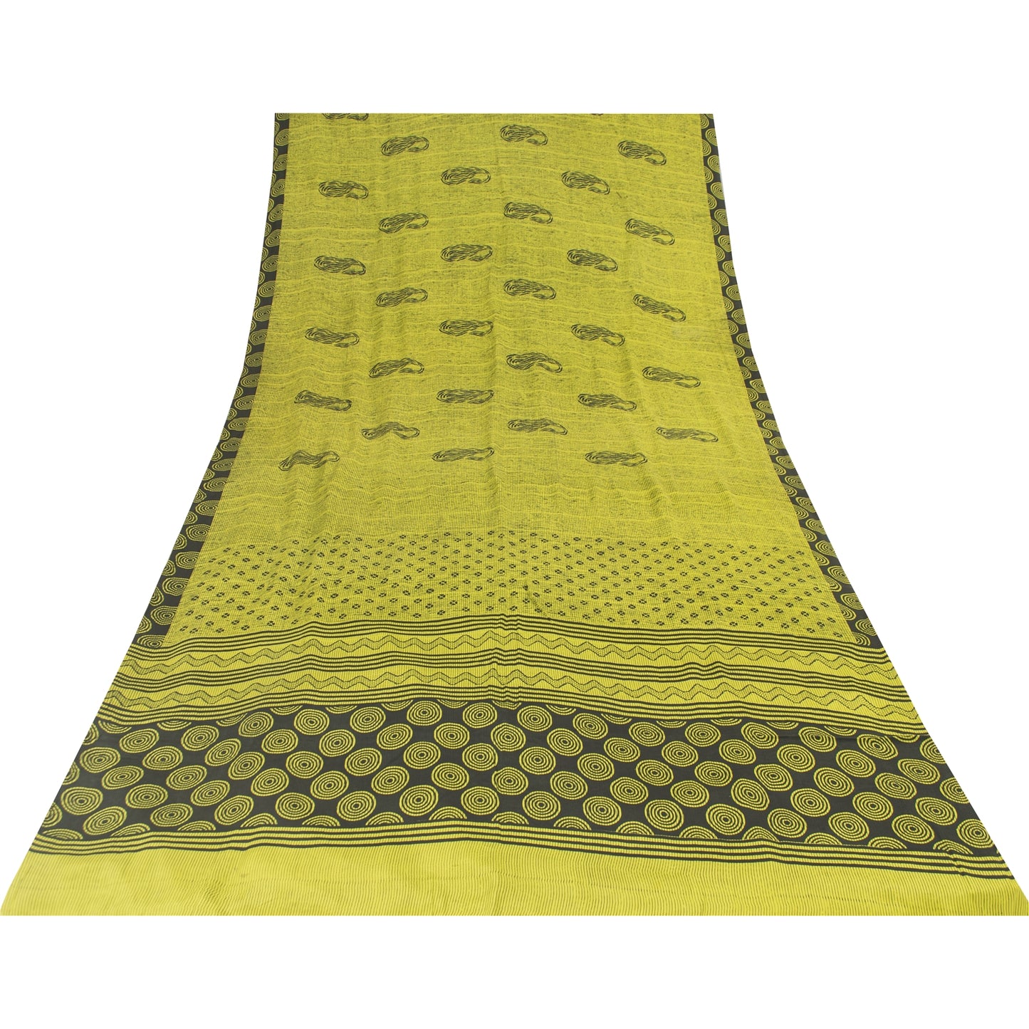 Sanskriti Vintage Sarees Green Pure Crepe Silk Printed Sari 5+yd Craft Fabric