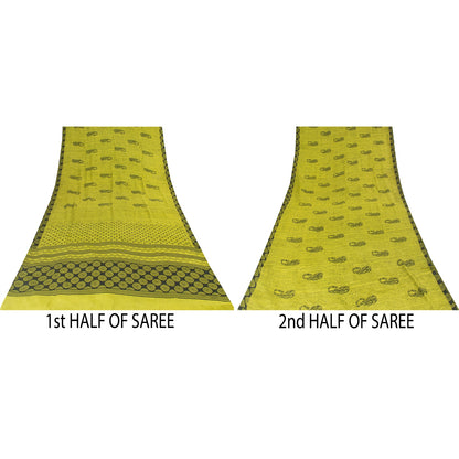 Sanskriti Vintage Sarees Green Pure Crepe Silk Printed Sari 5+yd Craft Fabric