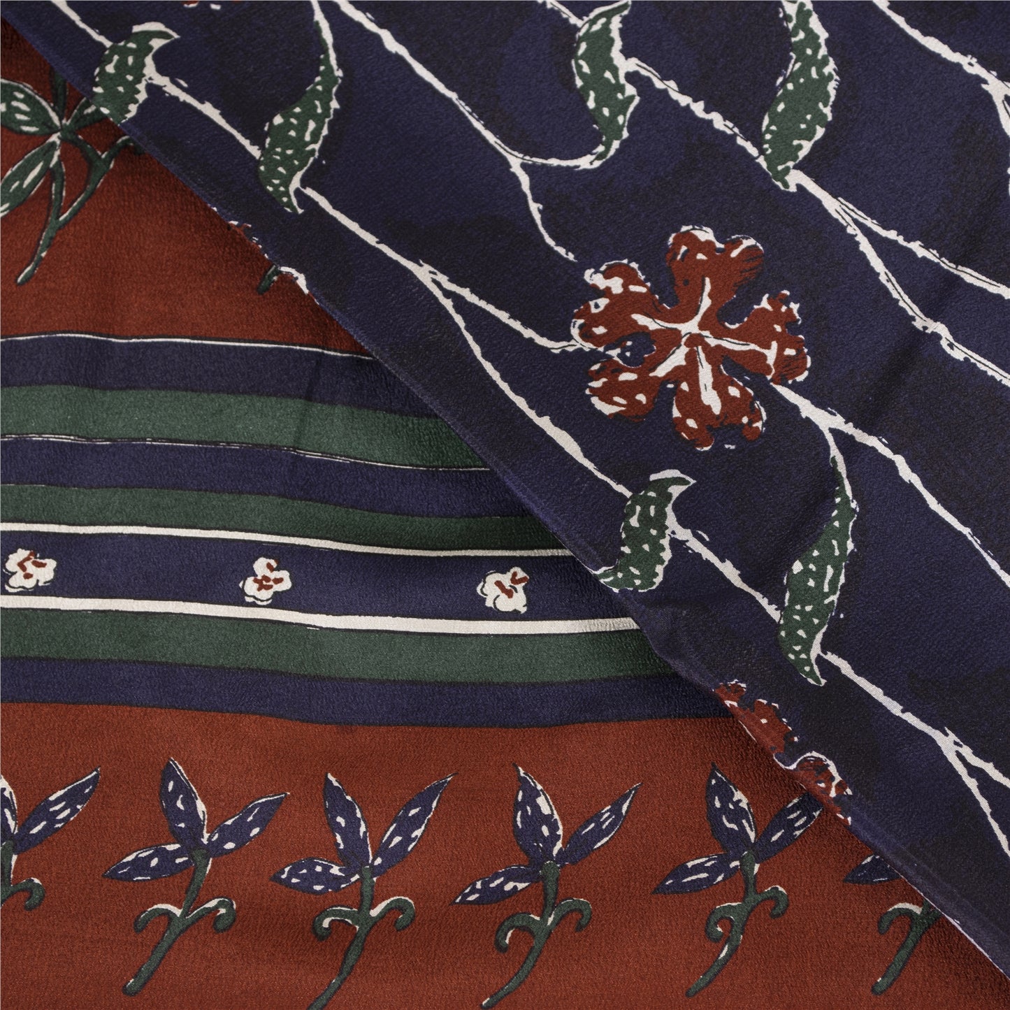 Sanskriti Vintage Sarees Blue Pure Crepe Silk Printed Sari 5+yd Craft Fabric