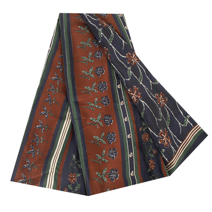 Sanskriti Vintage Sarees Blue Pure Crepe Silk Printed Sari 5+yd Craft Fabric