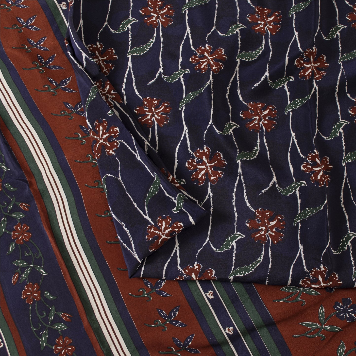 Sanskriti Vintage Sarees Blue Pure Crepe Silk Printed Sari 5+yd Craft Fabric