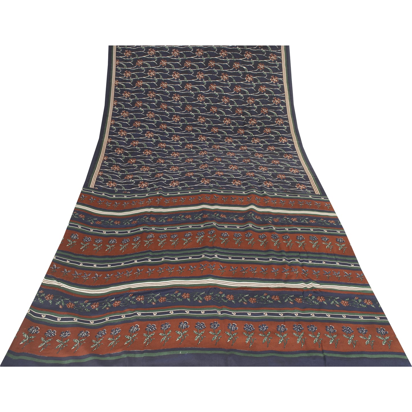 Sanskriti Vintage Sarees Blue Pure Crepe Silk Printed Sari 5+yd Craft Fabric