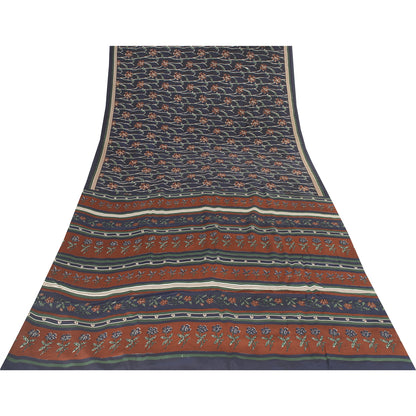 Sanskriti Vintage Sarees Blue Pure Crepe Silk Printed Sari 5+yd Craft Fabric