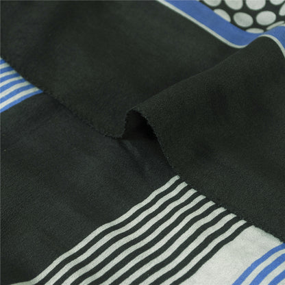 Sanskriti Vintage Sarees Black Pure Crepe Geometric Print Sari 5+yd Craft Fabric