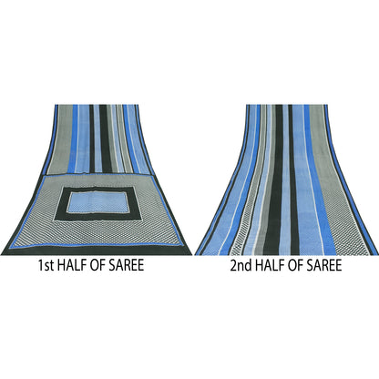 Sanskriti Vintage Sarees Black Pure Crepe Geometric Print Sari 5+yd Craft Fabric