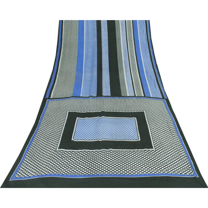 Sanskriti Vintage Sarees Black Pure Crepe Geometric Print Sari 5+yd Craft Fabric