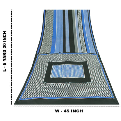 Sanskriti Vintage Sarees Black Pure Crepe Geometric Print Sari 5+yd Craft Fabric