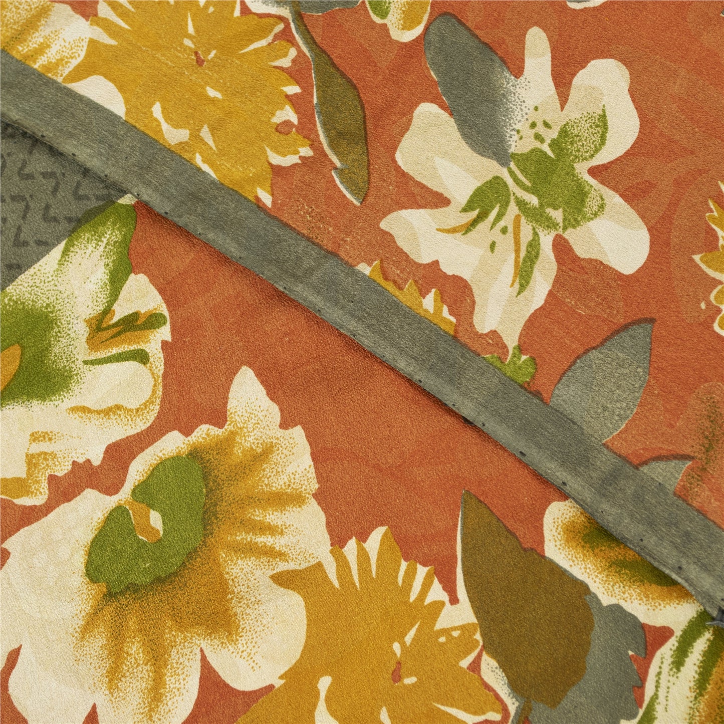 Sanskriti Vintage Sarees Gray Pure Crepe Zig-Zag Printed Sari 5+yd Craft Fabric