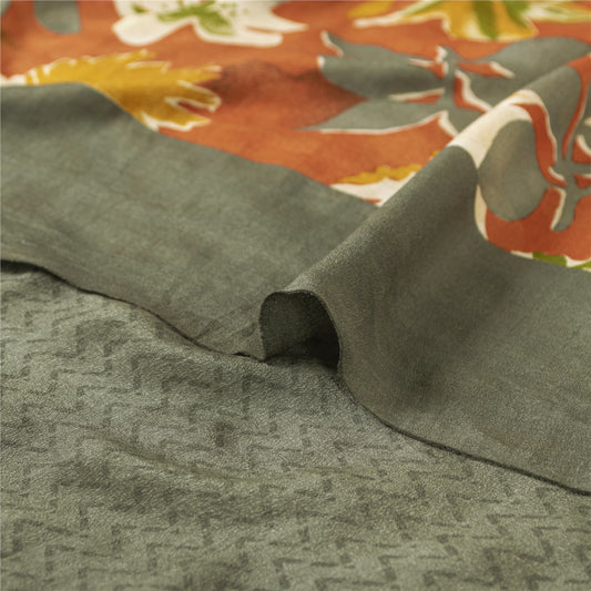 Sanskriti Vintage Sarees Gray Pure Crepe Zig-Zag Printed Sari 5+yd Craft Fabric