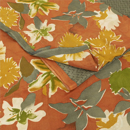 Sanskriti Vintage Sarees Gray Pure Crepe Zig-Zag Printed Sari 5+yd Craft Fabric