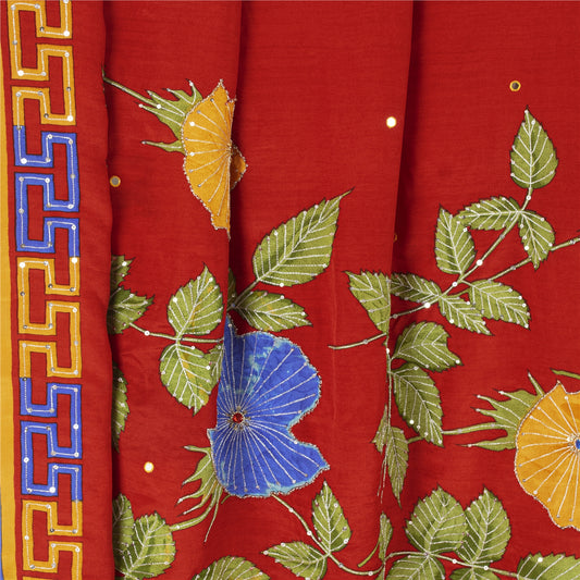 Sanskriti Vintage Sarees Red 100%Pure Crepe Hand Beaded Printed Sari 5+yd Fabric