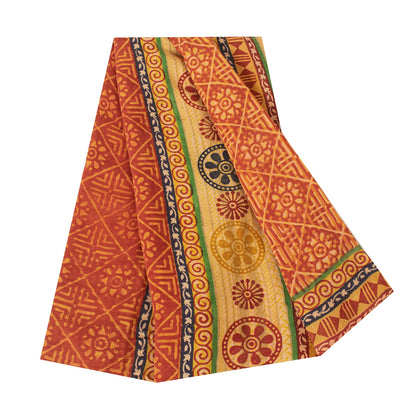 Sanskriti Vintage Sarees Orange Pure Crepe Silk Printed Sari 5+yd Craft Fabric