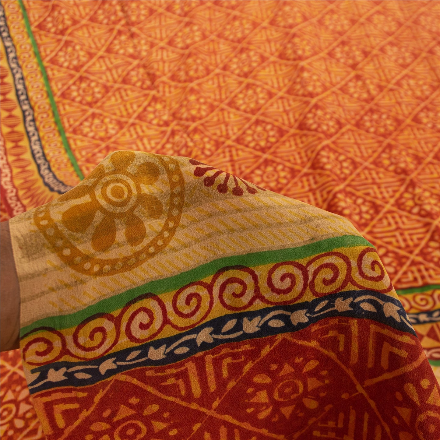 Sanskriti Vintage Sarees Orange Pure Crepe Silk Printed Sari 5+yd Craft Fabric