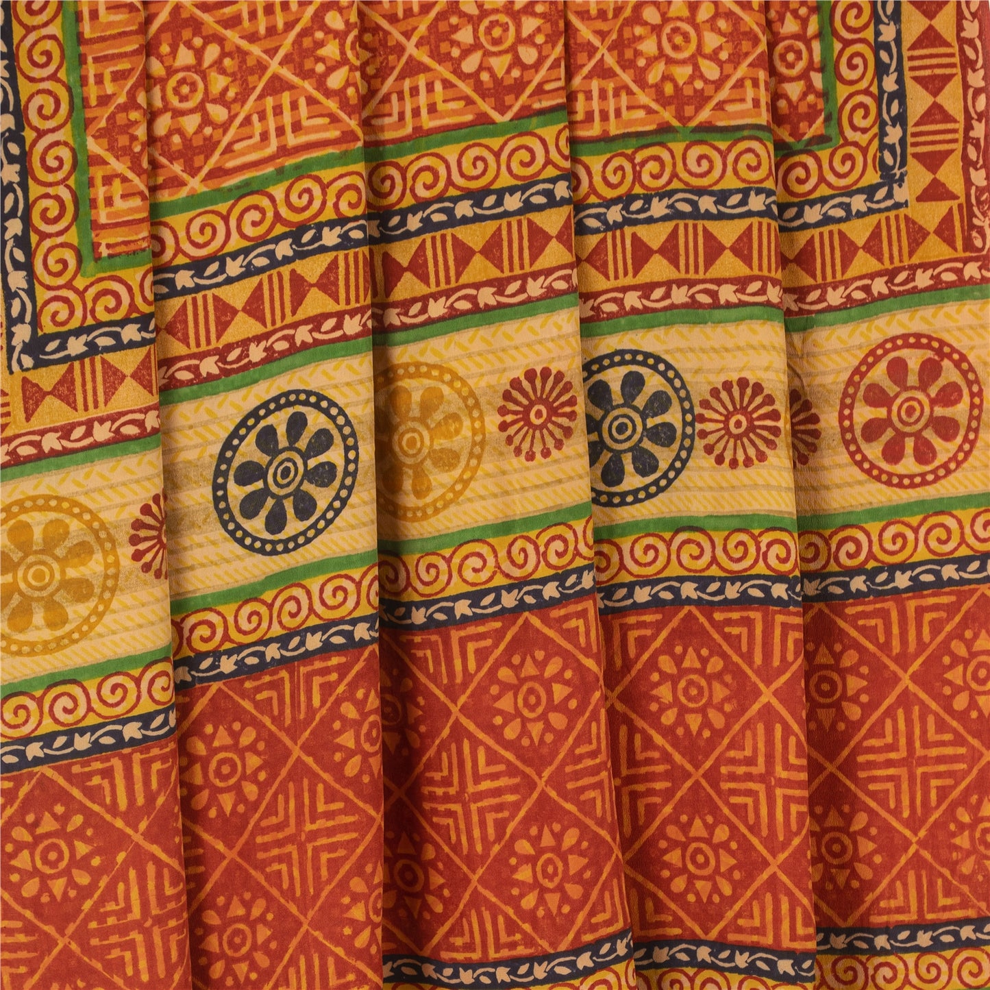 Sanskriti Vintage Sarees Orange Pure Crepe Silk Printed Sari 5+yd Craft Fabric