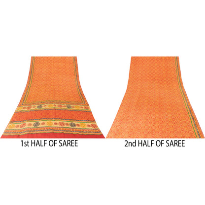 Sanskriti Vintage Sarees Orange Pure Crepe Silk Printed Sari 5+yd Craft Fabric