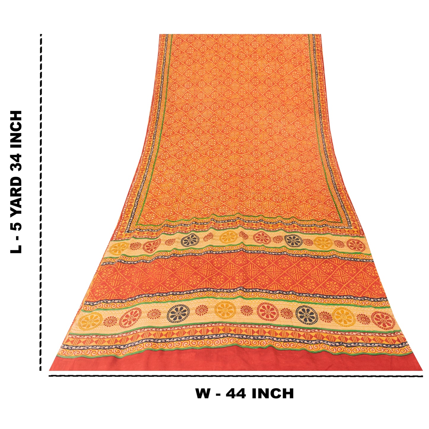 Sanskriti Vintage Sarees Orange Pure Crepe Silk Printed Sari 5+yd Craft Fabric