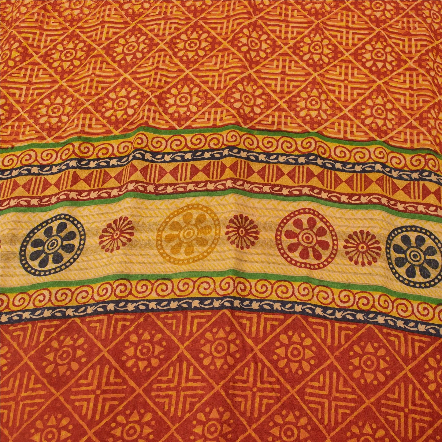 Sanskriti Vintage Sarees Orange Pure Crepe Silk Printed Sari 5+yd Craft Fabric