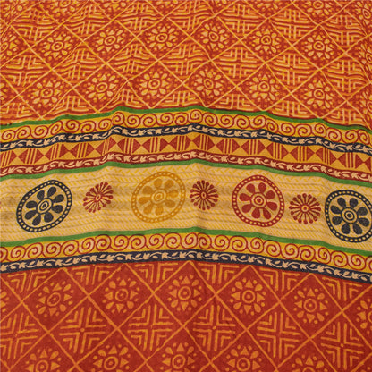 Sanskriti Vintage Sarees Orange Pure Crepe Silk Printed Sari 5+yd Craft Fabric