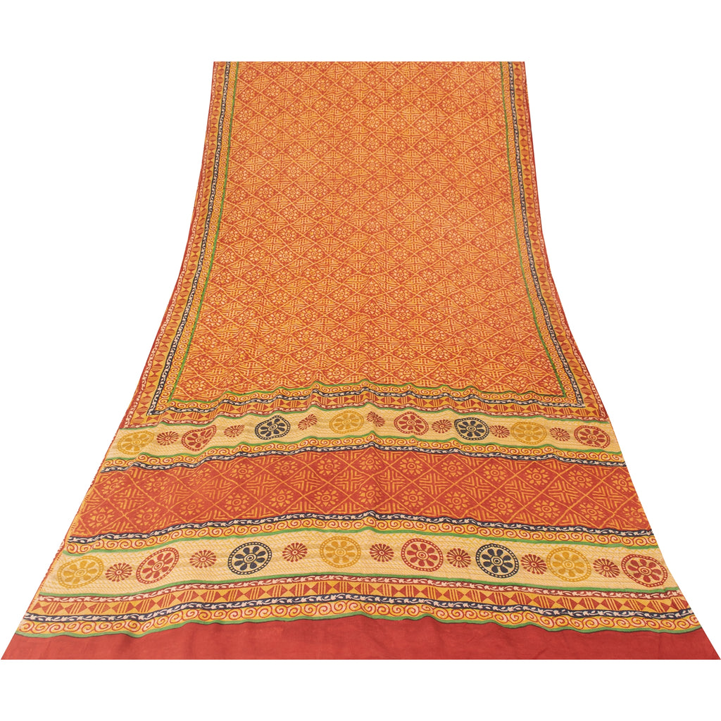 Sanskriti Vintage Sarees Orange Pure Crepe Silk Printed Sari 5+yd Craft Fabric