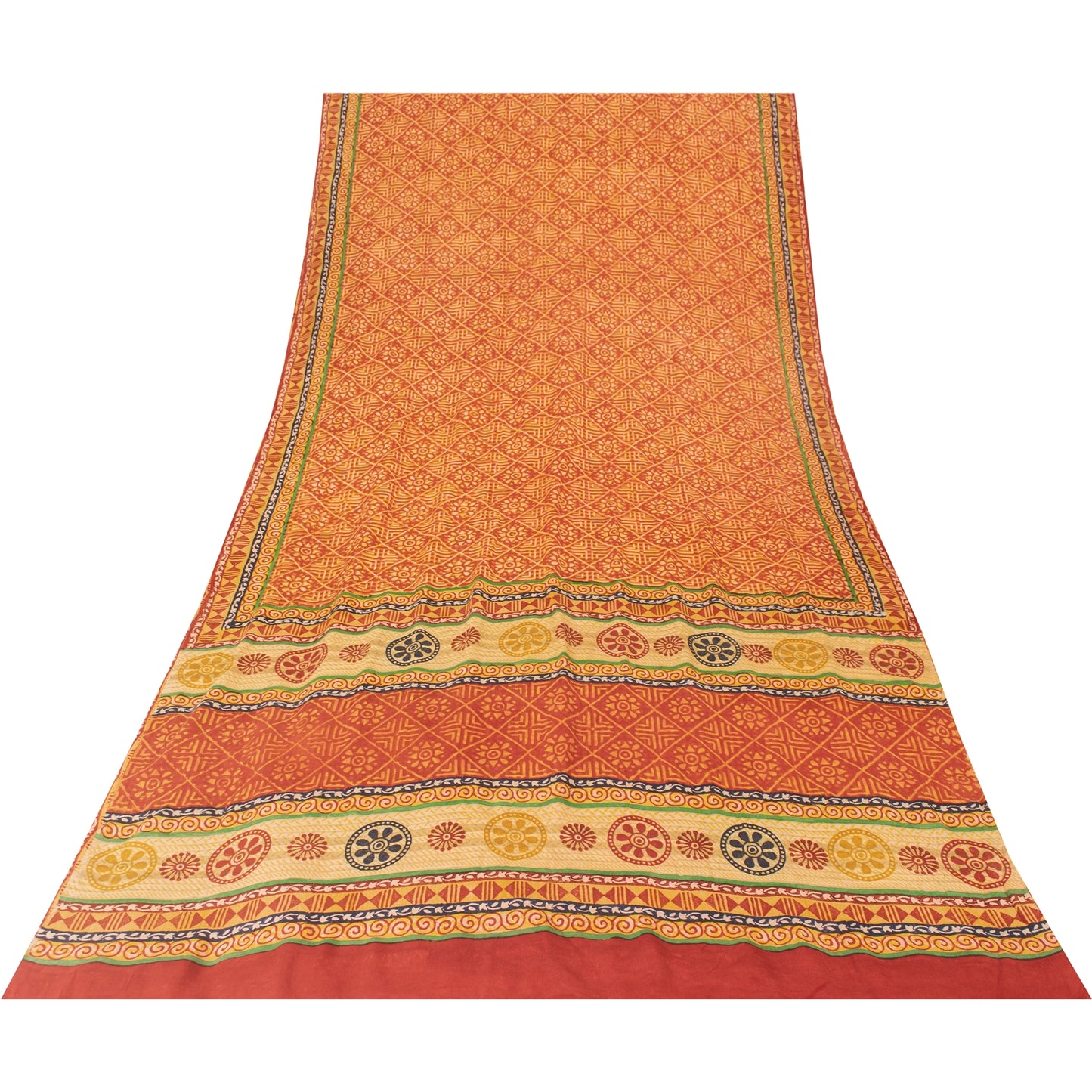 Sanskriti Vintage Sarees Orange Pure Crepe Silk Printed Sari 5+yd Craft Fabric