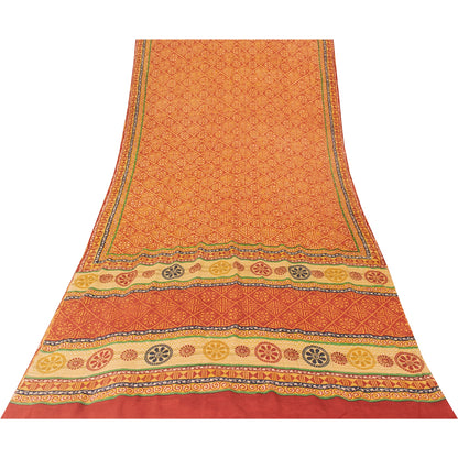 Sanskriti Vintage Sarees Orange Pure Crepe Silk Printed Sari 5+yd Craft Fabric