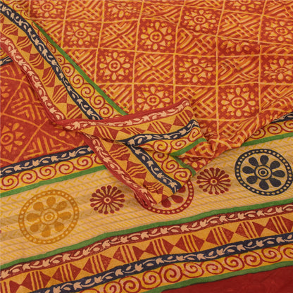 Sanskriti Vintage Sarees Orange Pure Crepe Silk Printed Sari 5+yd Craft Fabric