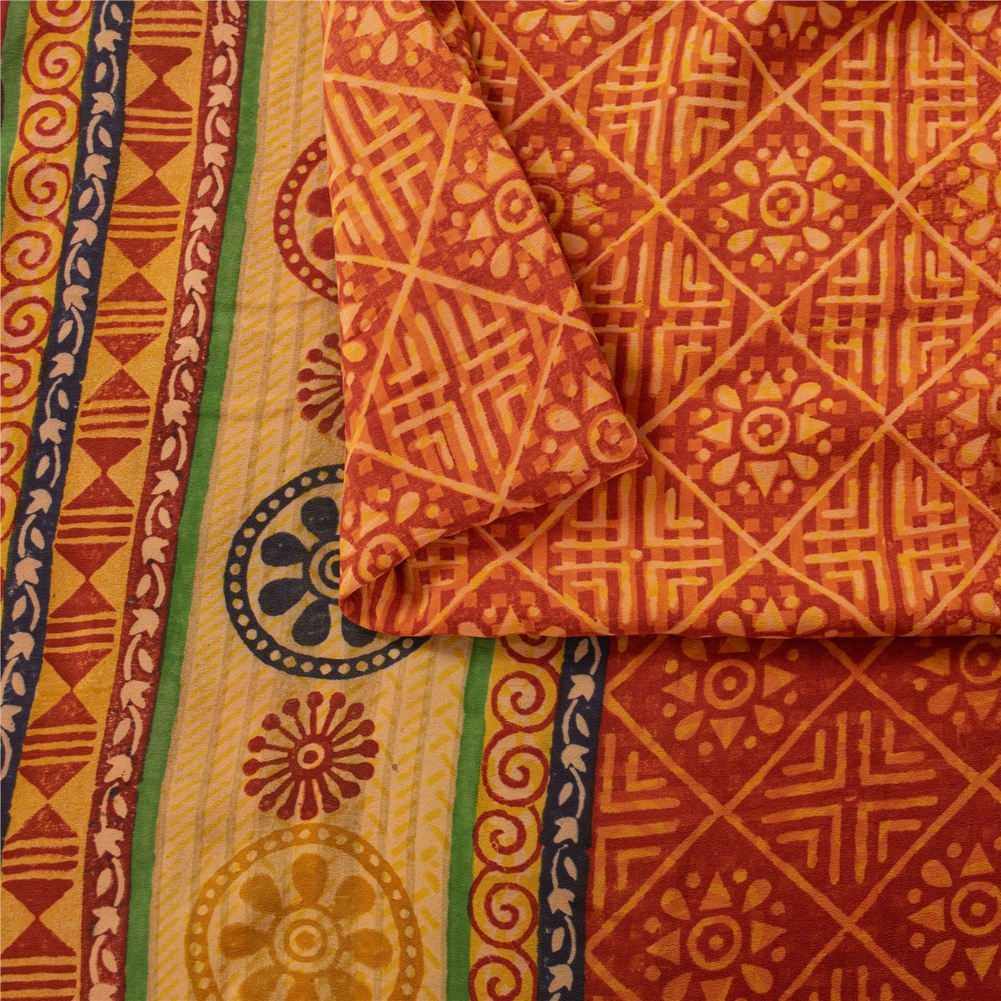 Sanskriti Vintage Sarees Orange Pure Crepe Silk Printed Sari 5+yd Craft Fabric