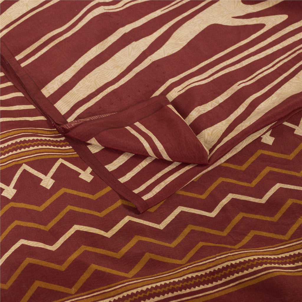 Sanskriti Vintage Sarees Dark Red Pure Crepe Abstract Printed Sari 5+yd Fabric