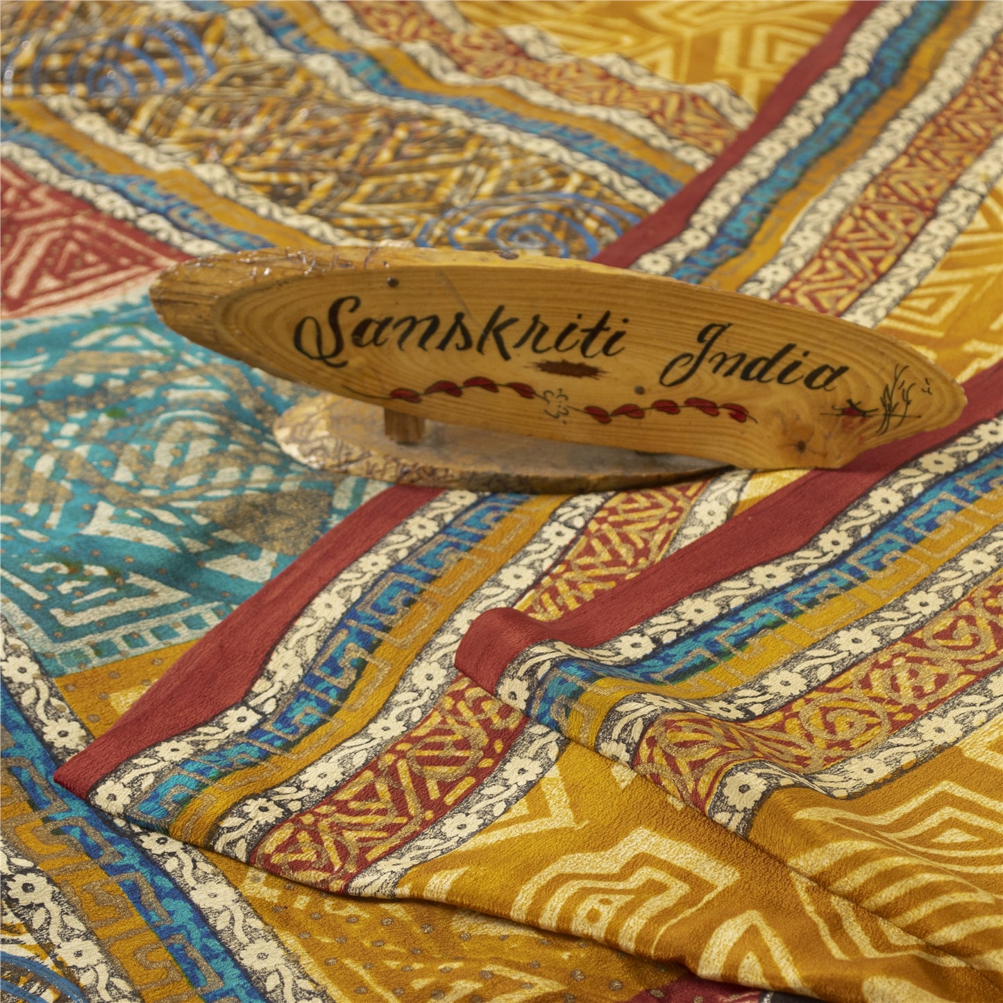 Sanskriti Vintage Sarees Yellow Pure Crepe Sparkle Printed Sari 6yd Craft Fabric