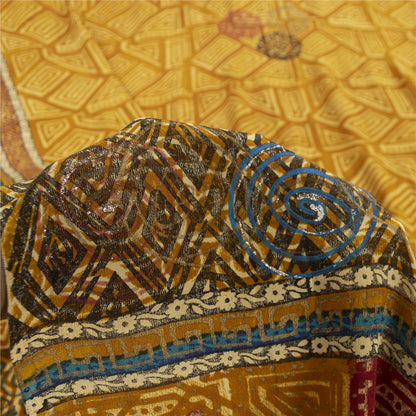 Sanskriti Vintage Sarees Yellow Pure Crepe Sparkle Printed Sari 6yd Craft Fabric