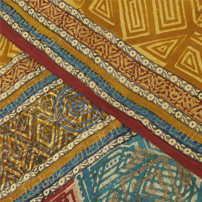 Sanskriti Vintage Sarees Yellow Pure Crepe Sparkle Printed Sari 6yd Craft Fabric