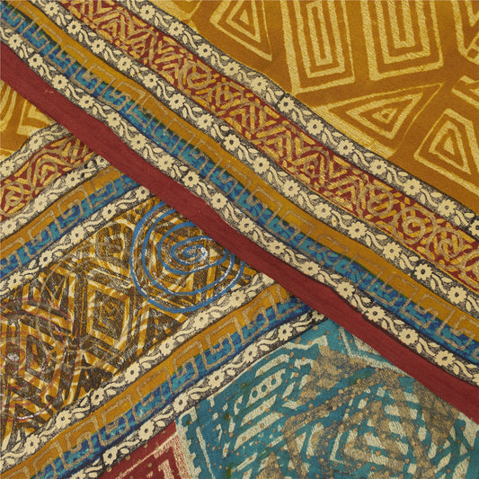 Sanskriti Vintage Sarees Yellow Pure Crepe Sparkle Printed Sari 6yd Craft Fabric