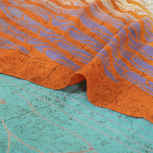 Sanskriti Vintage Sarees Blue Pure Crepe Silk Printed Sari 5+yd Craft Fabric