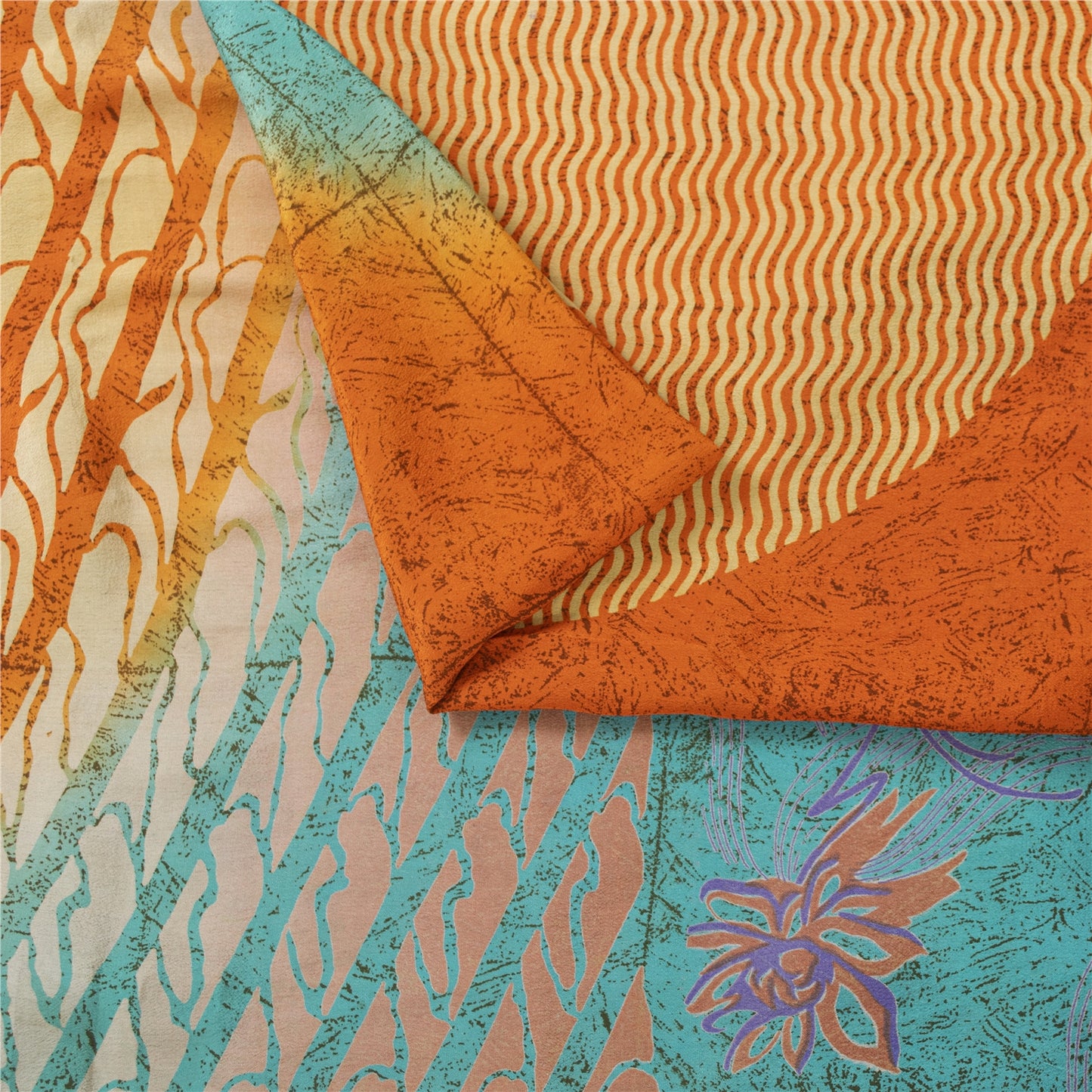 Sanskriti Vintage Sarees Blue Pure Crepe Silk Printed Sari 5+yd Craft Fabric