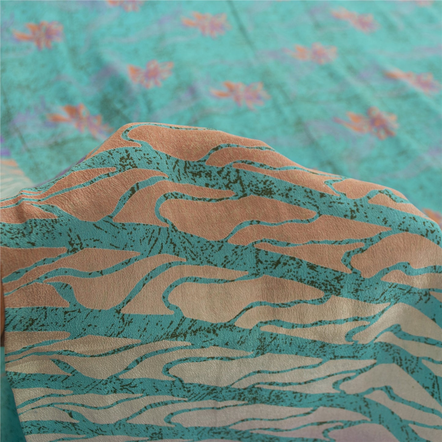 Sanskriti Vintage Sarees Blue Pure Crepe Silk Printed Sari 5+yd Craft Fabric