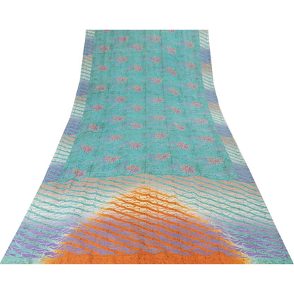 Sanskriti Vintage Sarees Blue Pure Crepe Silk Printed Sari 5+yd Craft Fabric