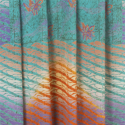 Sanskriti Vintage Sarees Blue Pure Crepe Silk Printed Sari 5+yd Craft Fabric