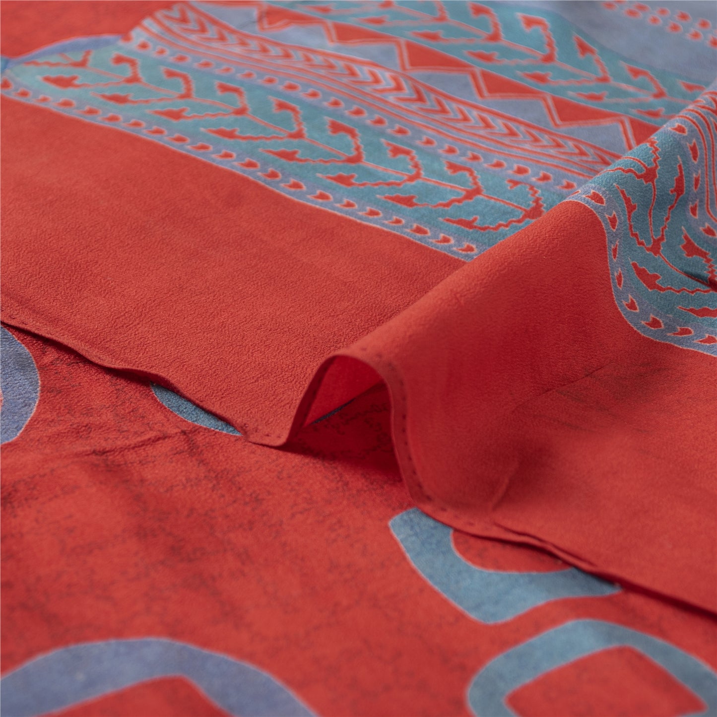 Sanskriti Vintage Sarees Red & Blue Pure Crepe Printed Sari 5+yd Craft Fabric