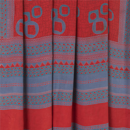 Sanskriti Vintage Sarees Red & Blue Pure Crepe Printed Sari 5+yd Craft Fabric
