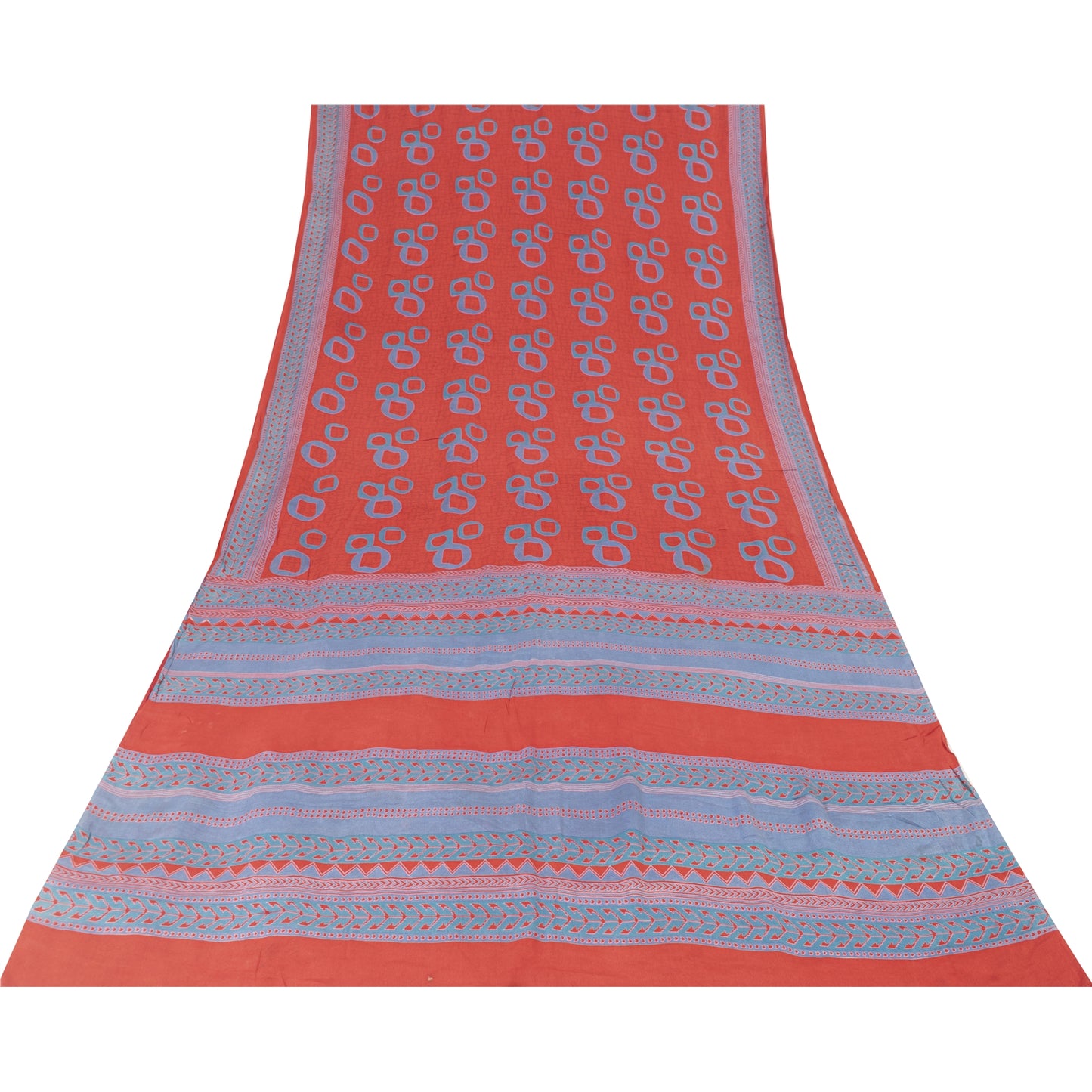 Sanskriti Vintage Sarees Red & Blue Pure Crepe Printed Sari 5+yd Craft Fabric