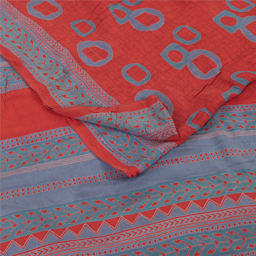 Sanskriti Vintage Sarees Red & Blue Pure Crepe Printed Sari 5+yd Craft Fabric